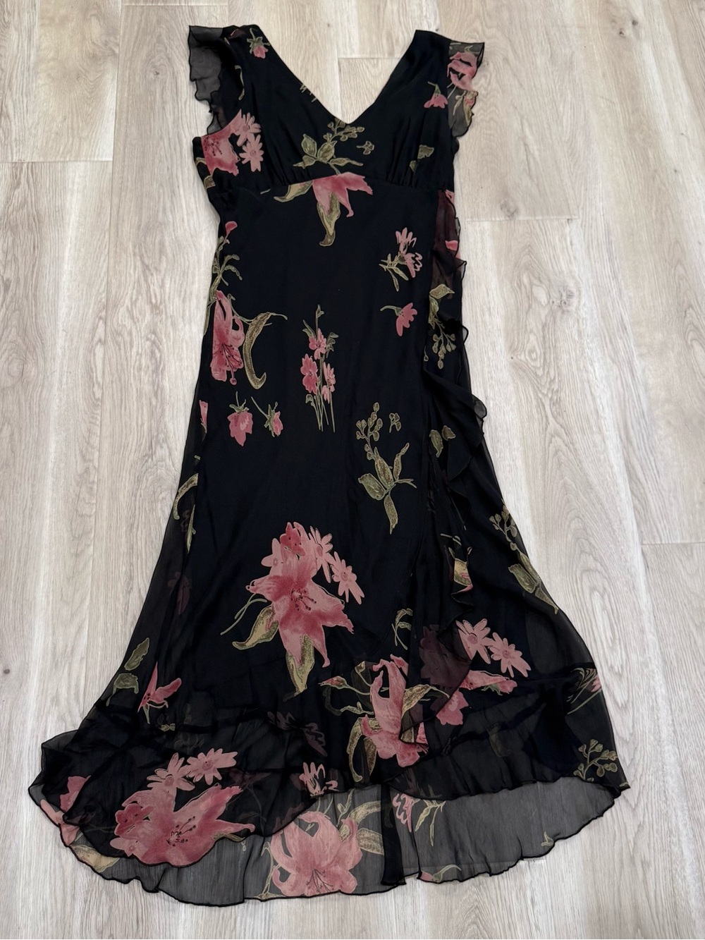jonathan martin Black Floral Midi Dress with Pink & Green Blooms - Picture 2 of 11
